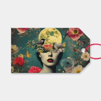 Surrealistiskt blomster månporträtt presentetikett