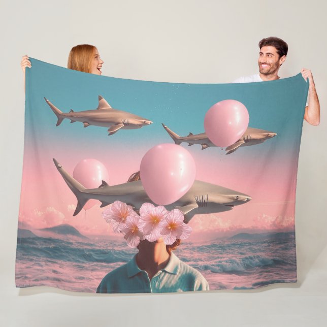 Surrealistiskt drömlandskap med hajar och ballonge fleecefilt (På plats)