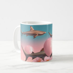 Surrealistiskt drömlandskap med hajar och ballonge kaffemugg