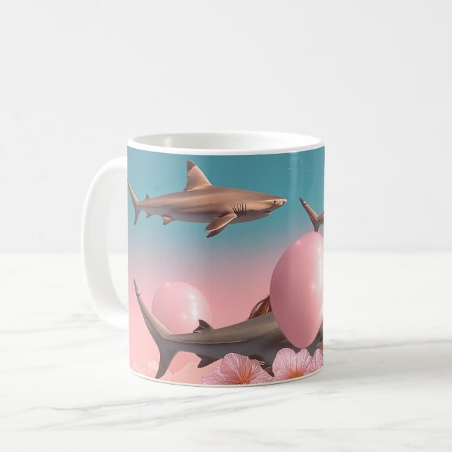 Surrealistiskt drömlandskap med hajar och ballonge kaffemugg (Framsida vänster)