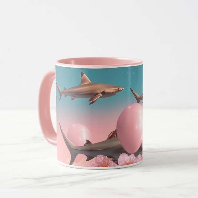 Surrealistiskt drömlandskap med hajar och ballonge mugg (Framsida vänster)