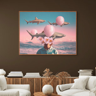 Surrealistiskt drömlandskap med hajar och ballonge poster