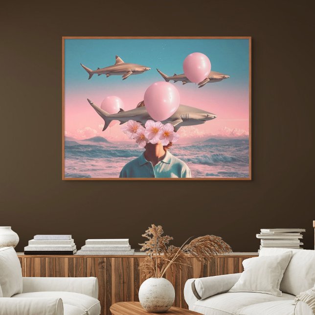 Surrealistiskt drömlandskap med hajar och ballonge poster (Surreal Dreamscape with Sharks and Balloons)