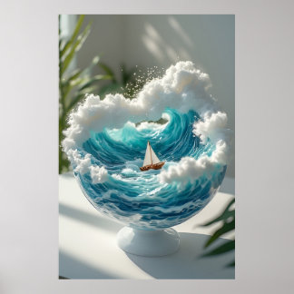 🌊 Surrealistiskt hav i glaskula Liten segelbåt✨ Poster