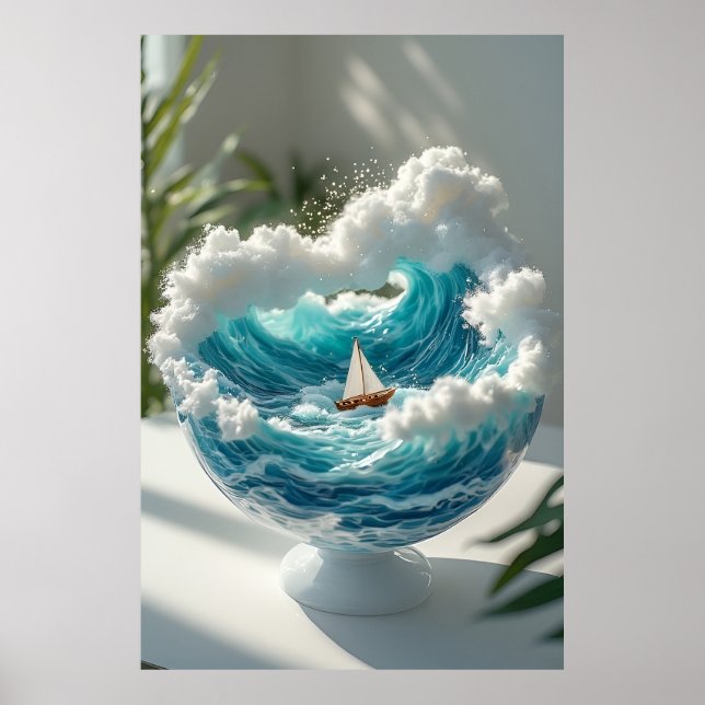 🌊 Surrealistiskt hav i glaskula Liten segelbåt✨ Poster (Framsidan)