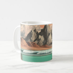 Surrealistiskt havs- och bergslandskap med vågor kaffemugg