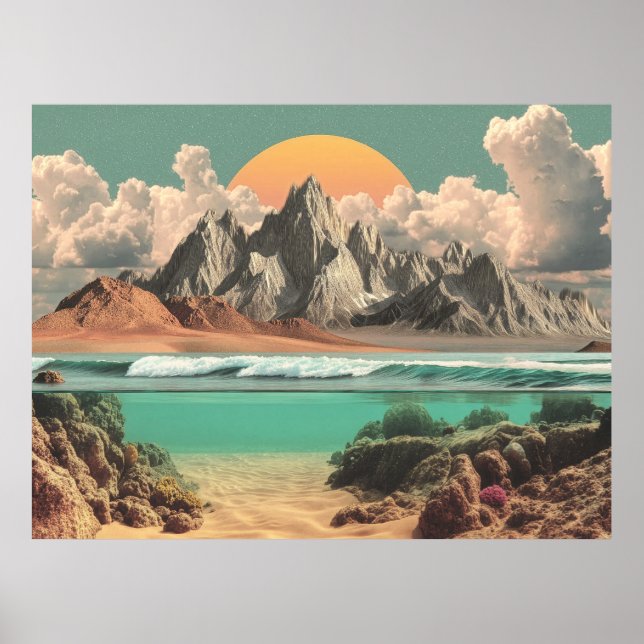 Surrealistiskt havs- och bergslandskap med vågor poster (Framsidan)