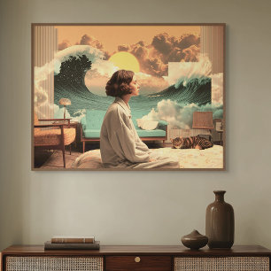 Surrealistiskt interiör med kvinna och katt poster