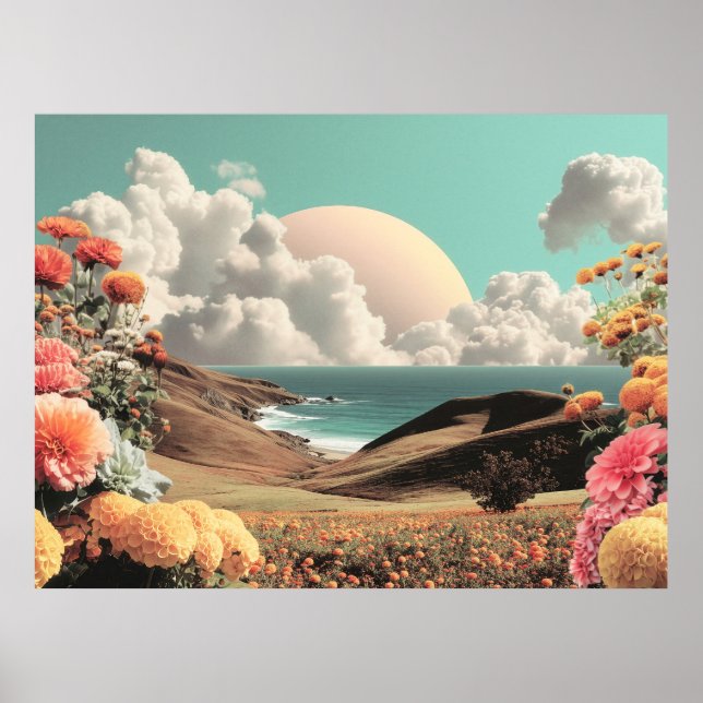 Surrealistiskt kustlandskap med blommor och moln poster (Framsidan)