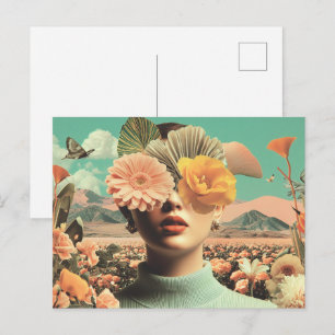 Surrealistiskt kvinnligt porträtt med blommor som vykort