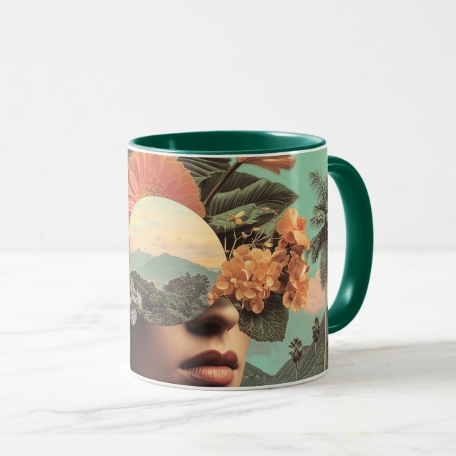 Surrealistiskt kvinnligt porträtt med blomsterelem mugg (Framsida höger)