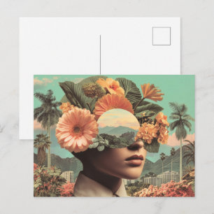 Surrealistiskt kvinnligt porträtt med blomsterelem vykort