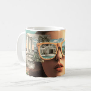 Surrealistiskt kvinnligt porträtt med retro solgla kaffemugg