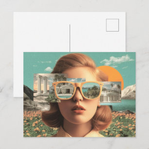 Surrealistiskt kvinnligt porträtt med retro solgla vykort