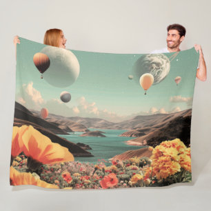 Surrealistiskt landskap med luftballonger och måne fleecefilt
