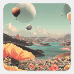 Surrealistiskt landskap med luftballonger och måne fyrkantigt klistermärke