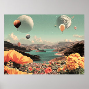 Surrealistiskt landskap med luftballonger och måne poster