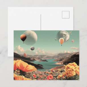 Surrealistiskt landskap med luftballonger och måne vykort