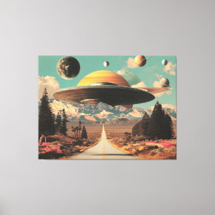 Surrealistiskt landskap med väg, UFO och Saturnus Canvastryck