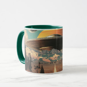 Surrealistiskt landskap med väg, UFO och Saturnus Mugg