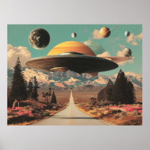 Surrealistiskt landskap med väg, UFO och Saturnus Poster