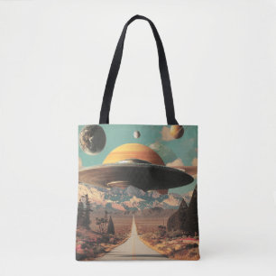 Surrealistiskt landskap med väg, UFO och Saturnus Tygkasse