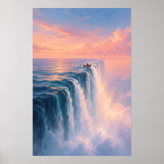 Surrealistiskt landskap med vattenfall i havet poster