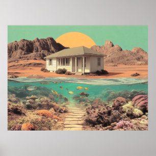 Surrealistiskt ökenhus med undervattensrev poster