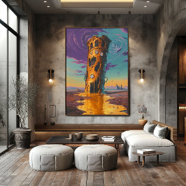 Surrealistiskt smältande klocktorn i drömlikt land poster