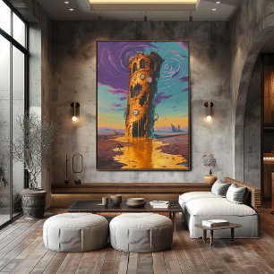 Surrealistiskt smältande klocktorn i drömlikt land poster