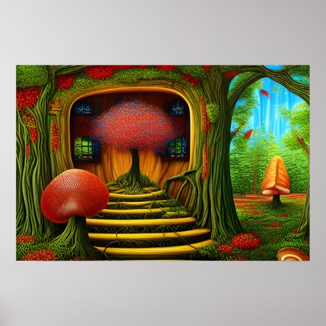 Surrealistiskt trähus i skogen poster (Framsidan)
