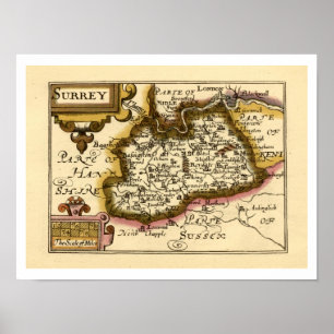 Surrey County England Old Antiquarian Atlas Karta Poster