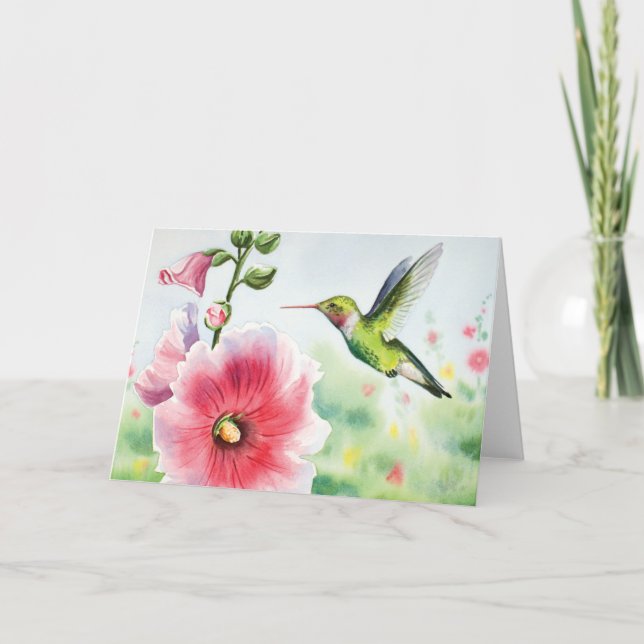 Surrfågel och hollyhock helgkort (Framsida)