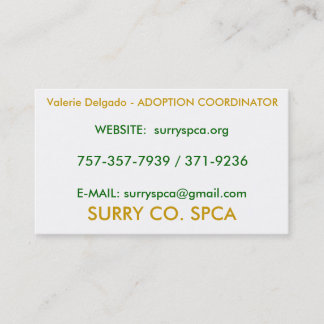 SURRY CO. SPCA, Valerie Delgado - ADOPTION COOR… Visitkort