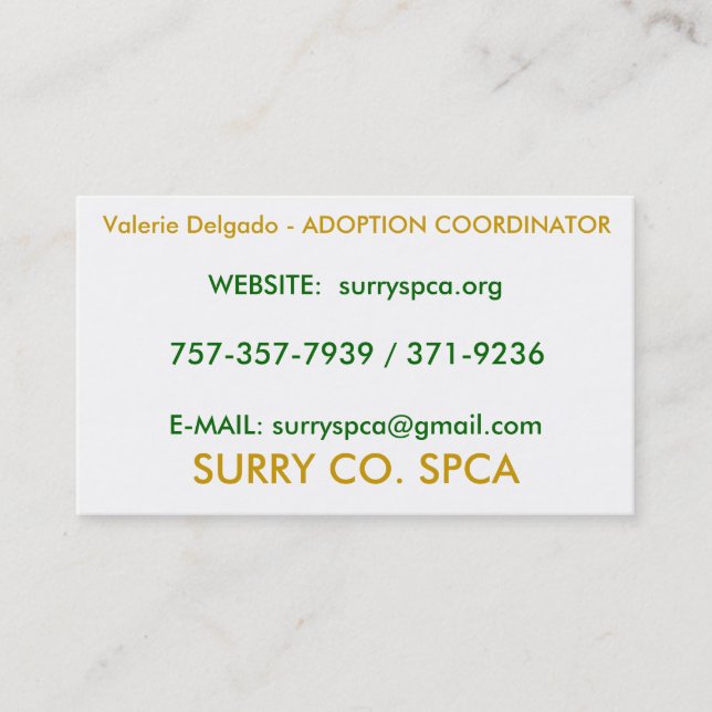 SURRY CO. SPCA, Valerie Delgado - ADOPTION COOR… Visitkort (Framsida)