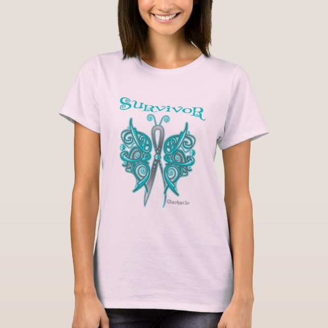 Survivor Celtic Butterfly - Ovariancancer Tee Shirt (Framsida)