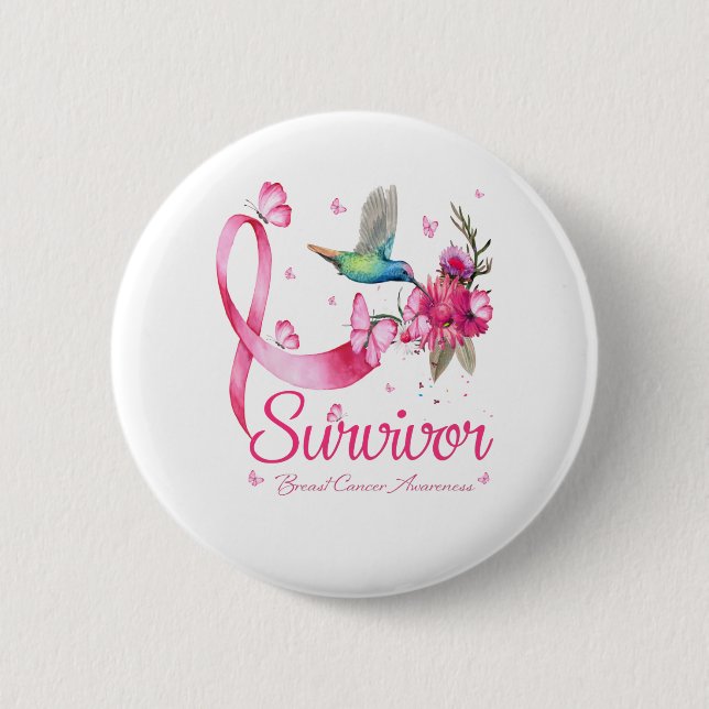 Survivor Hummingbird Ribbon Breast Cancer Knapp (Framsida)