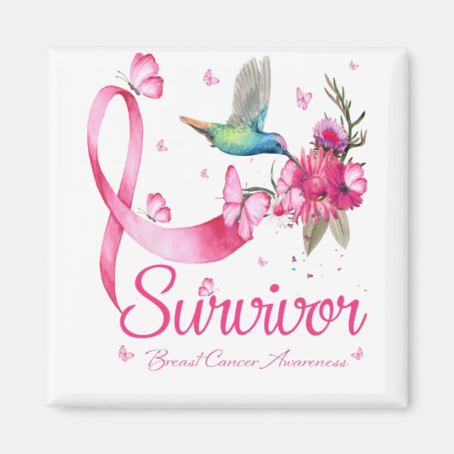 Survivor Hummingbird Ribbon Breast Cancer Magnet (Framsidan)