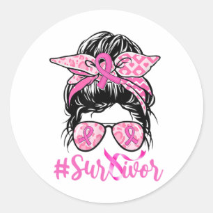 Survivor Messy Bun Rosa Ribbon Leopard Breast Canc Runt Klistermärke