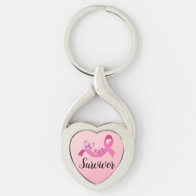 Survivor Rosa Breast Cancer Twisted Heart Silverfärgad Nyckelring (Framsidan)
