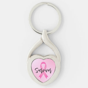 Survivor Rosa Breast Cancer Twisted Heart Silverfärgad Nyckelring