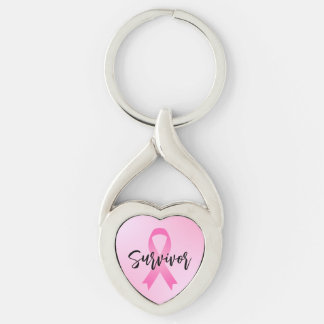 Survivor Rosa Breast Cancer Twisted Heart Silverfärgad Nyckelring