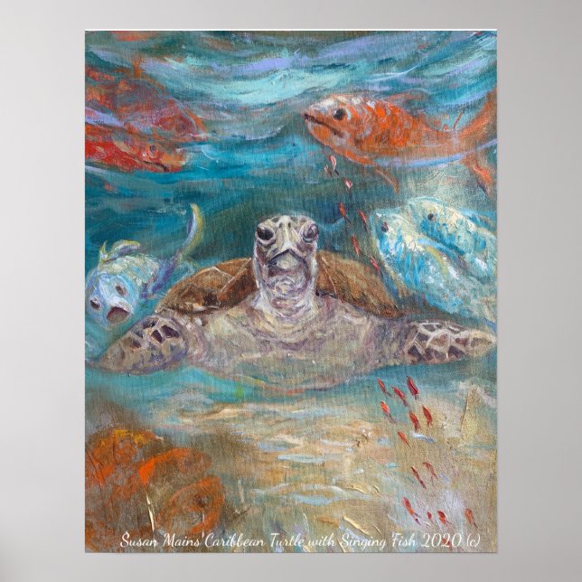 Susan Mains Turtle med Singing Fish Caribbean Poster (Framsidan)