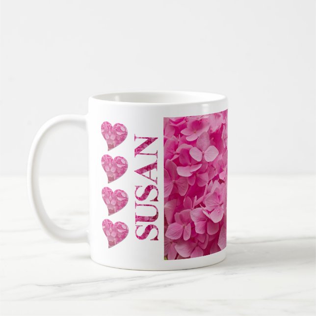 "Susan" Rosa Hydrangea Blommigt Lettering & Hearts Kaffemugg (Vänster)