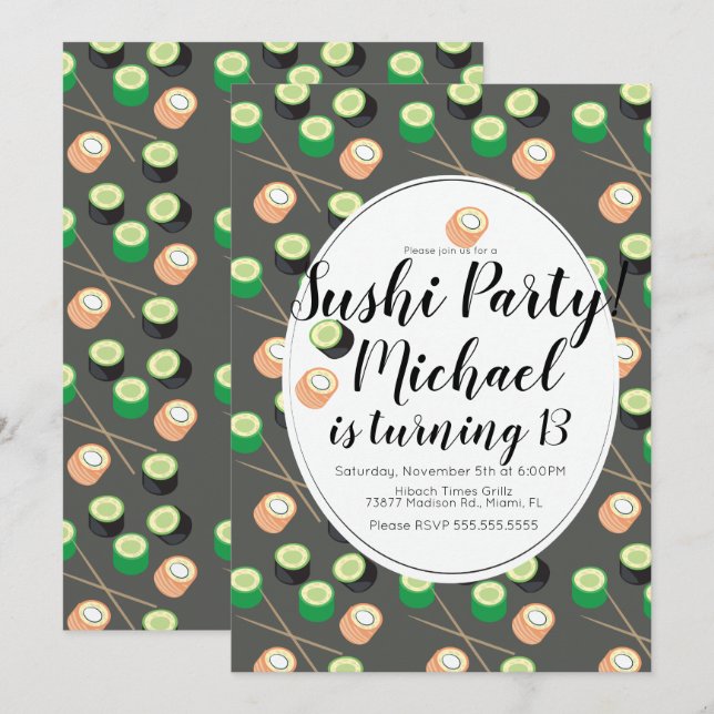 Sush-rullar Grå Födelsedag Hibachi Restaurang Inbjudningar (Fram/baksida)