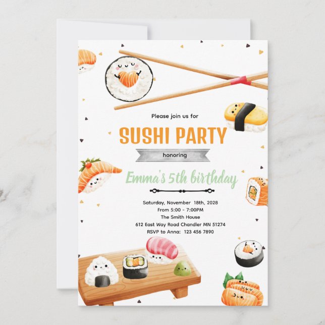 Sushi birthday kid party invitation inbjudningar (Framsida)