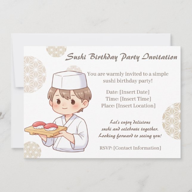 Sushi Birthday Party Invitation with Cute Anime  Inbjudningar (Framsida)