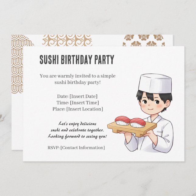 Sushi Birthday Party Invitation with Cute Anime  Inbjudningar (Fram/baksida)
