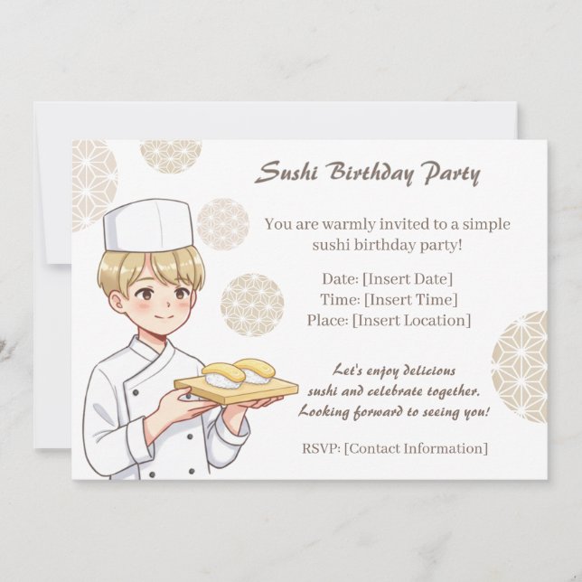 Sushi Birthday Party Invitation with Cute Anime  Inbjudningar (Framsida)