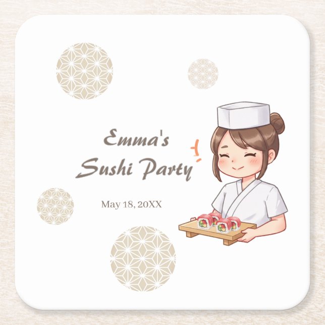 Sushi Birthday Party Invitation with Cute Anime  Underlägg Papper Kvadrat (Framsidan)